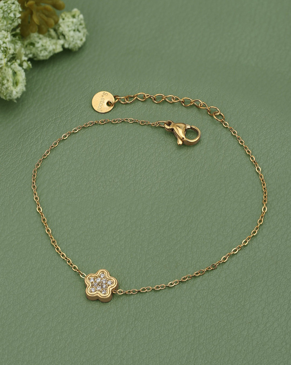 18kt Gold Plated CZ Floral Charm Adjustable Bracelet