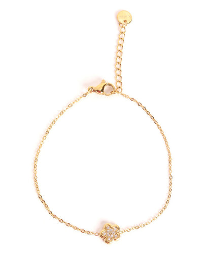 18kt Gold Plated CZ Floral Charm Adjustable Bracelet