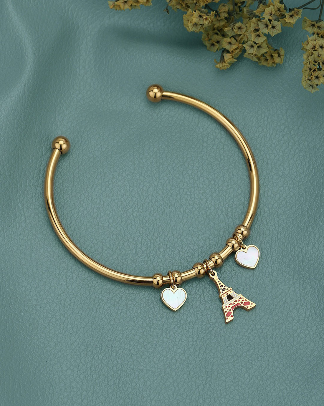 18kt Gold Plated Eiffel Tower and Heart Charm Cuff Bracelet
