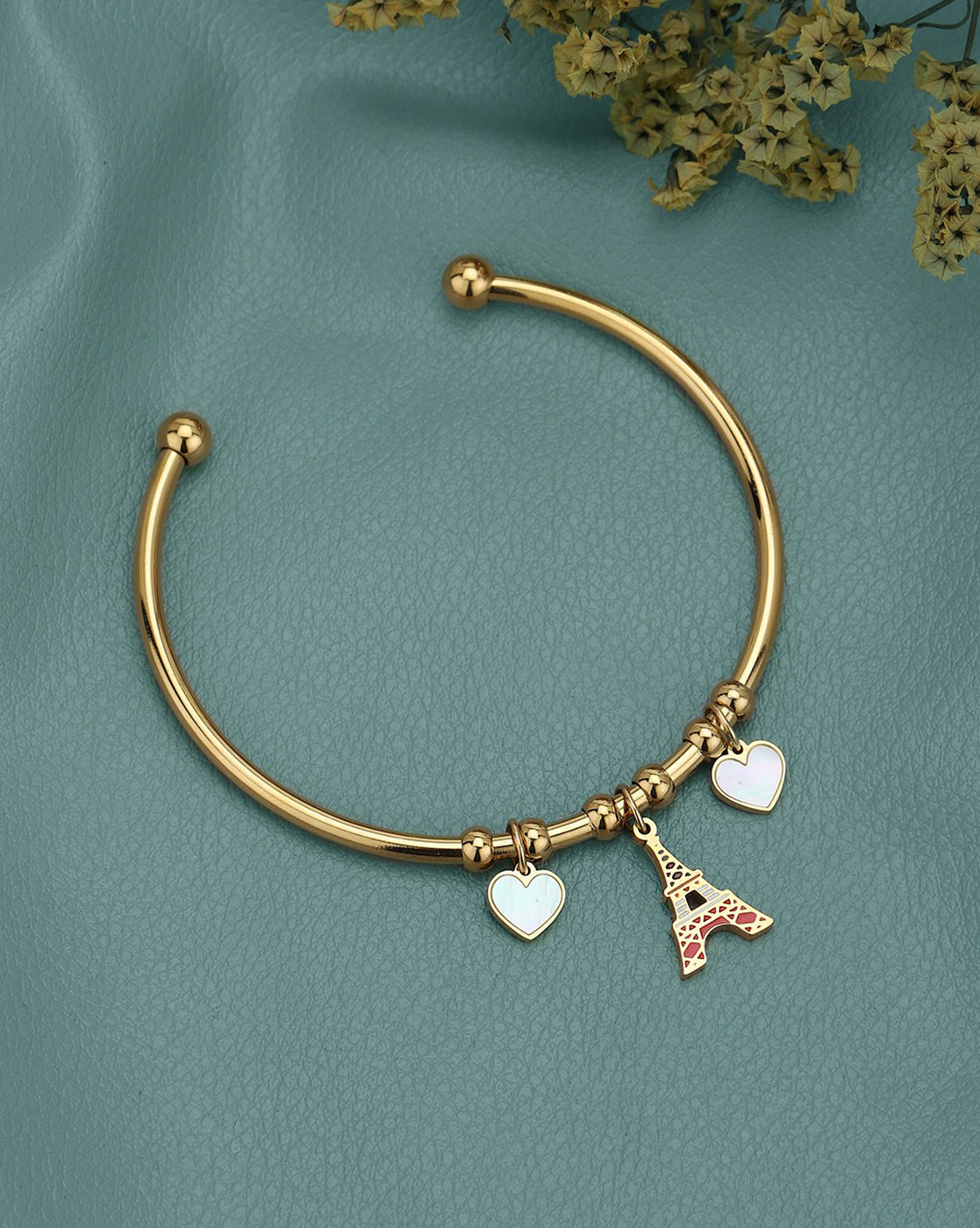 18kt Gold Plated Eiffel Tower and Heart Charm Cuff Bracelet