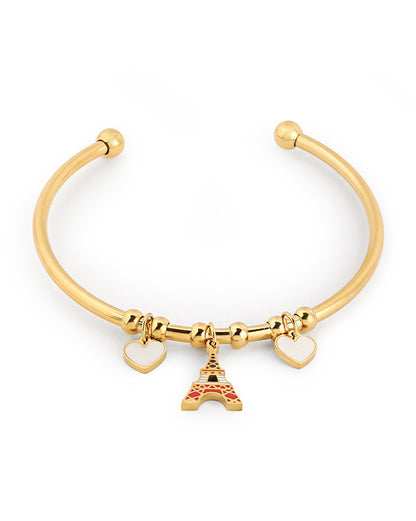 18kt Gold Plated Eiffel Tower and Heart Charm Cuff Bracelet
