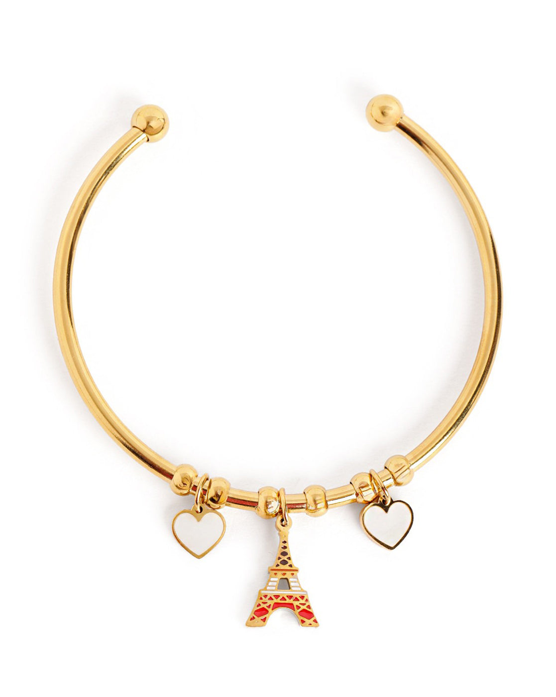 18kt Gold Plated Eiffel Tower and Heart Charm Cuff Bracelet