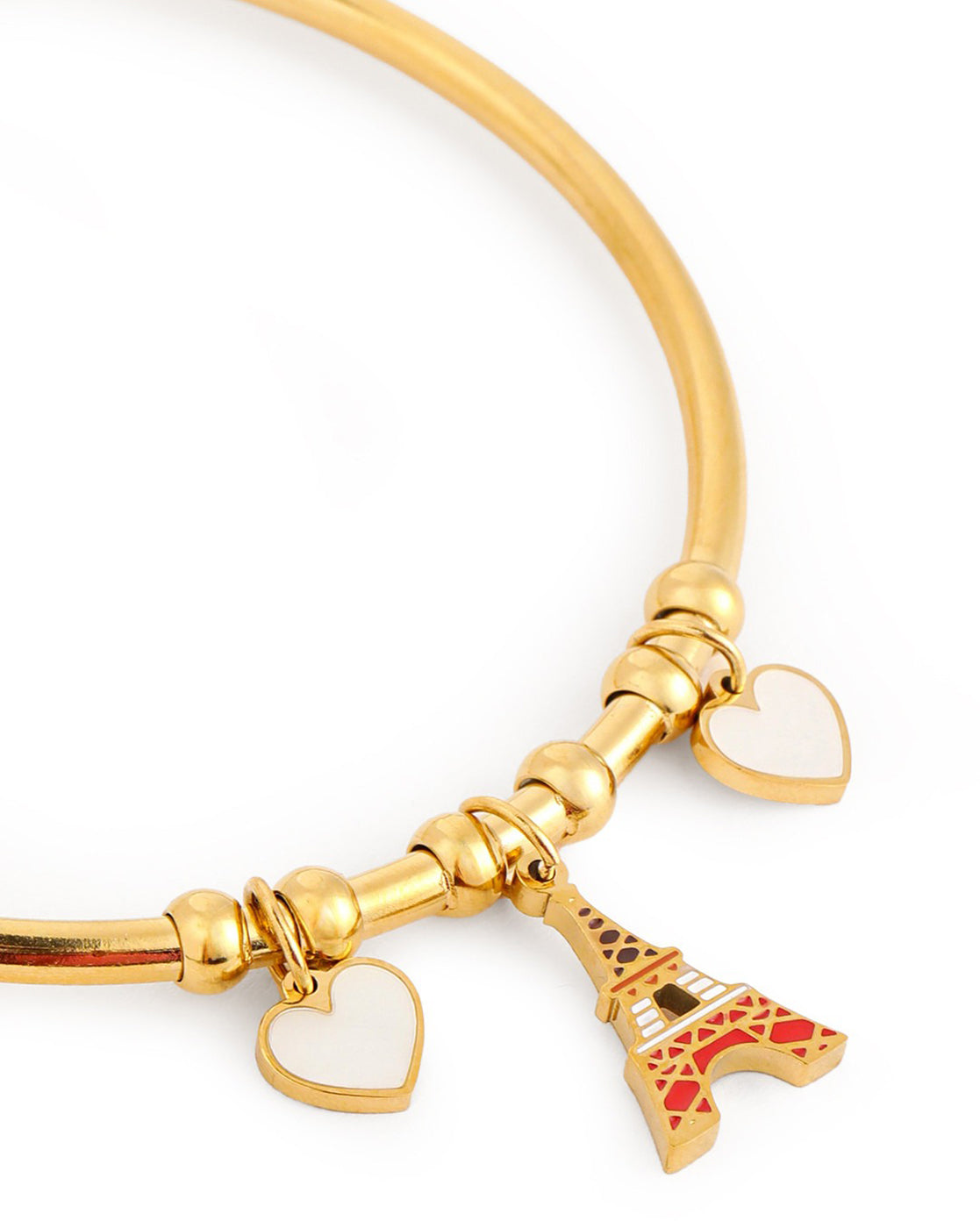 18kt Gold Plated Eiffel Tower and Heart Charm Cuff Bracelet