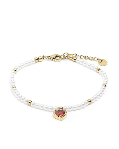 18kt Gold Plated Pearl and Dangling Heart Solitaire Charm Bracelet