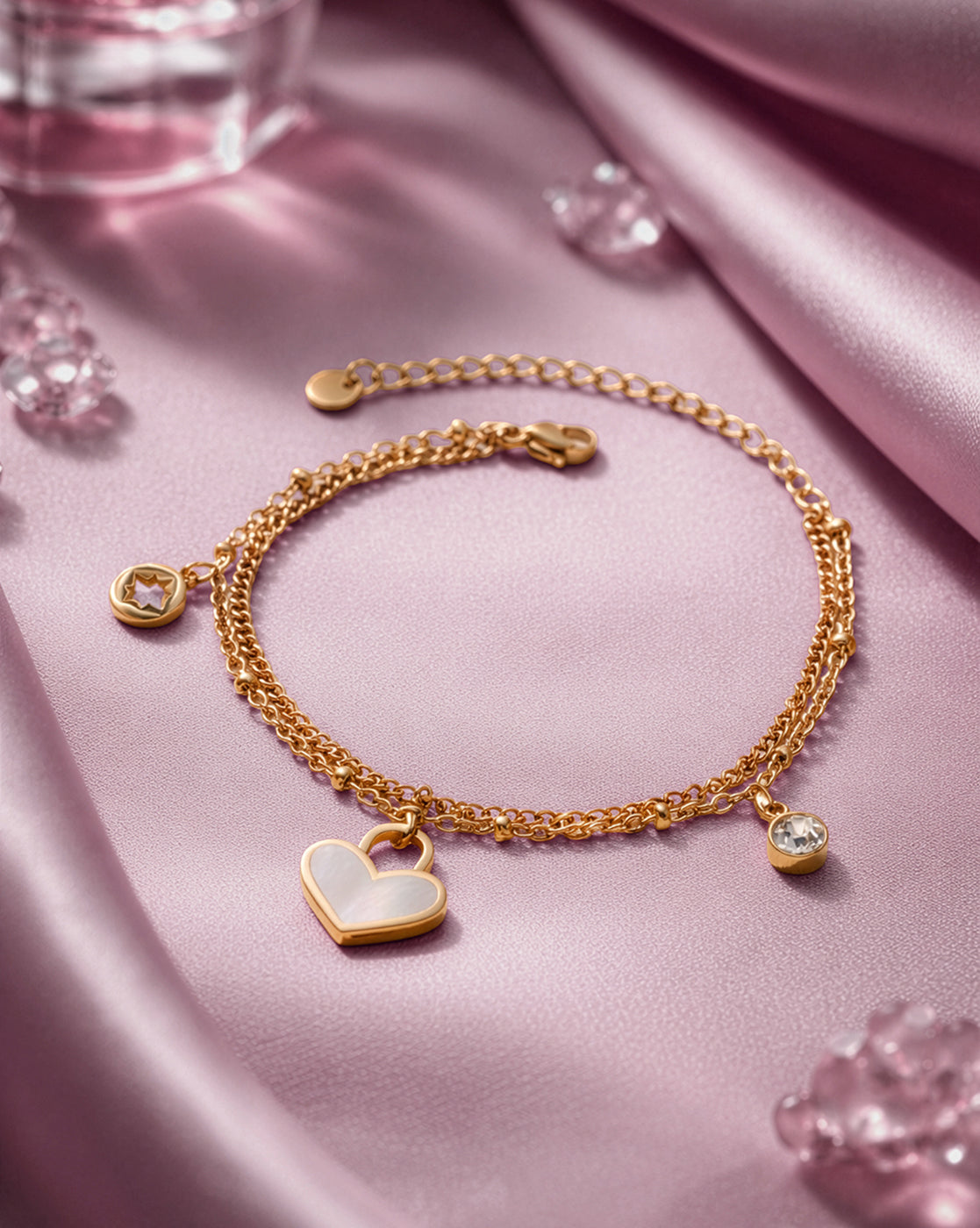 18kt Gold Plated CZ Dangling Shell Heart Double Chain Bracelet