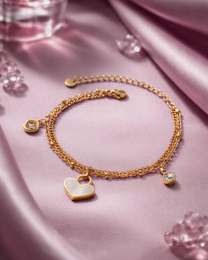 18kt Gold Plated CZ Dangling Shell Heart Double Chain Bracelet