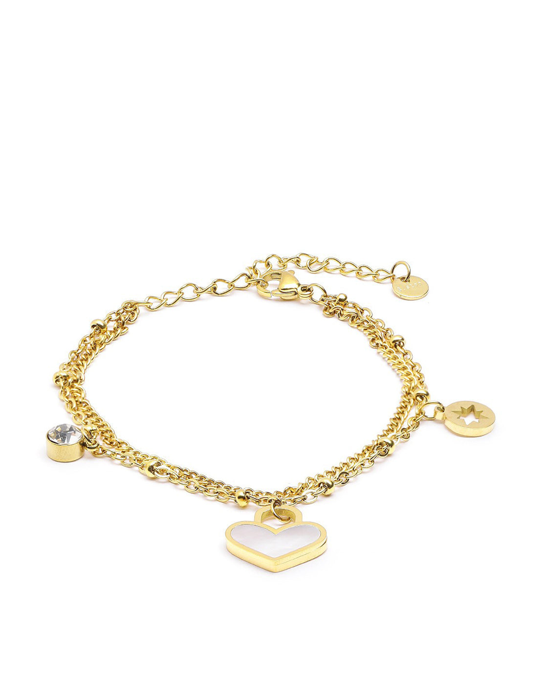 18kt Gold Plated CZ Dangling Shell Heart Double Chain Bracelet