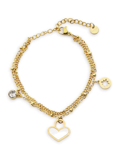18kt Gold Plated CZ Dangling Shell Heart Double Chain Bracelet