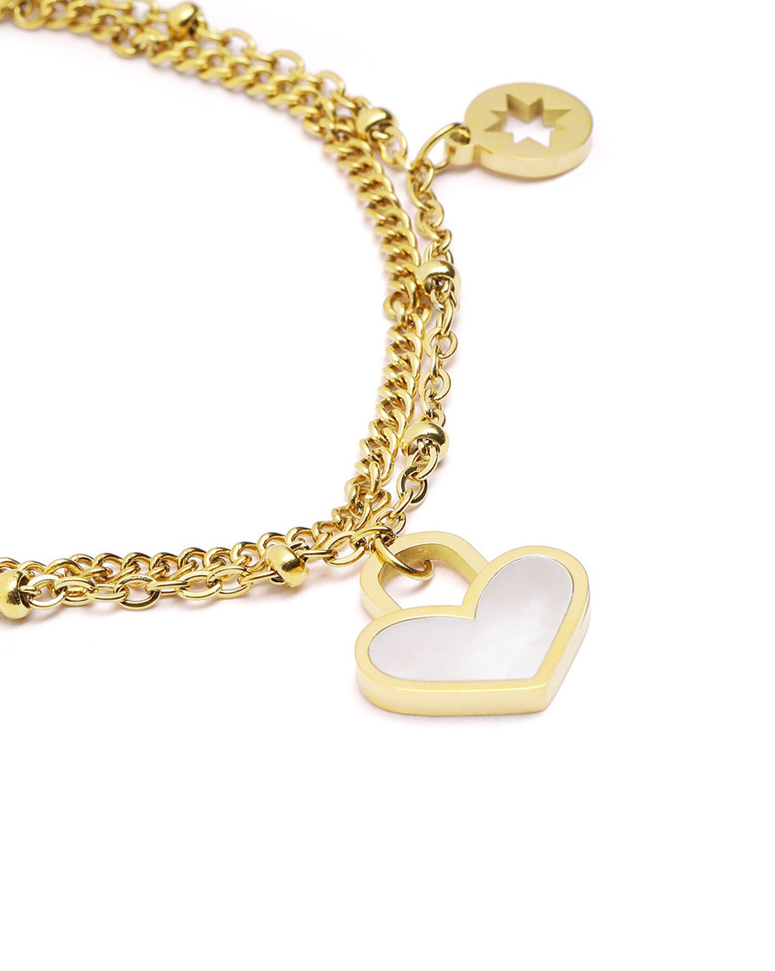 18kt Gold Plated CZ Dangling Shell Heart Double Chain Bracelet