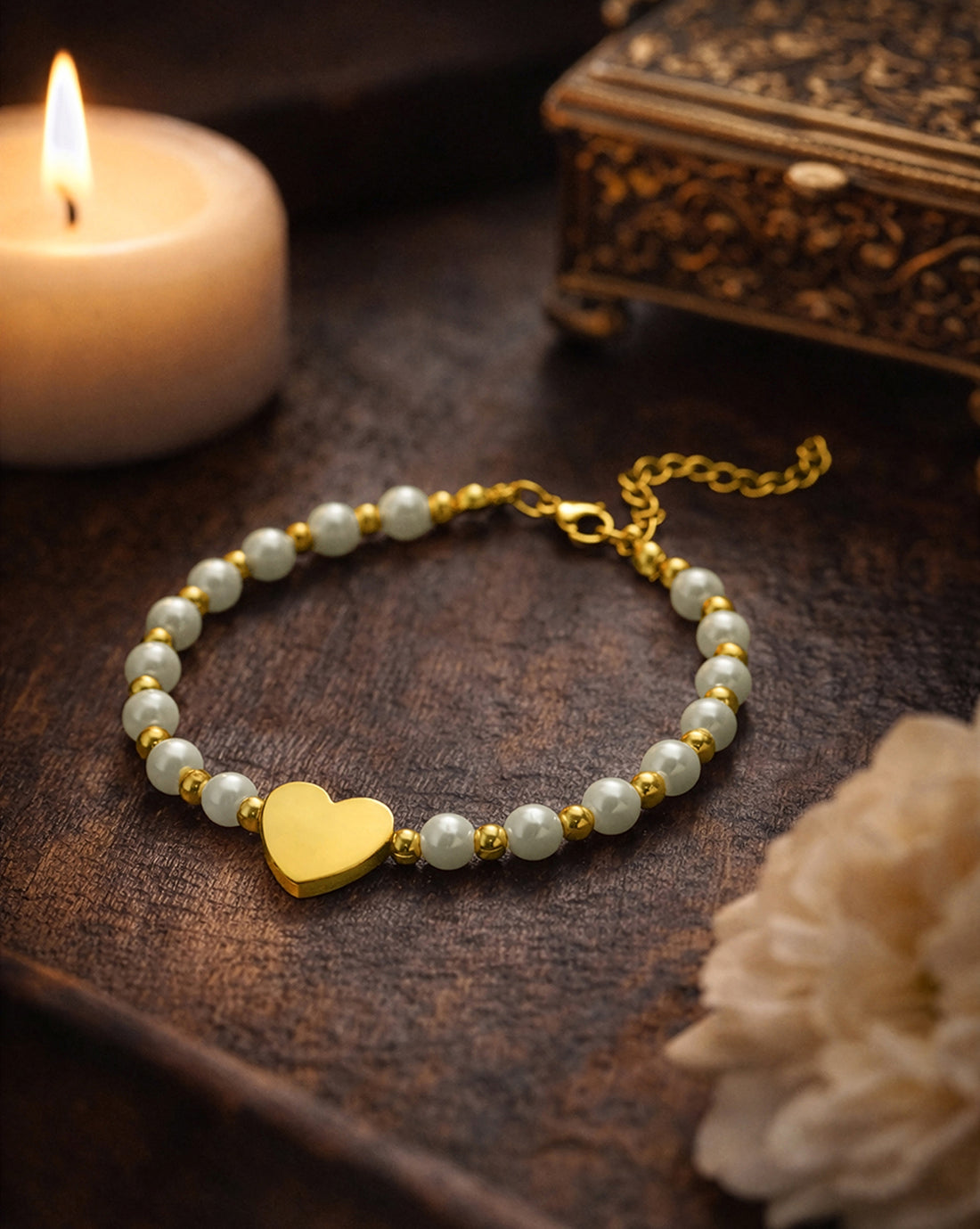 18kt Gold Plated Pearl and Heart Wraparound Bracelet
