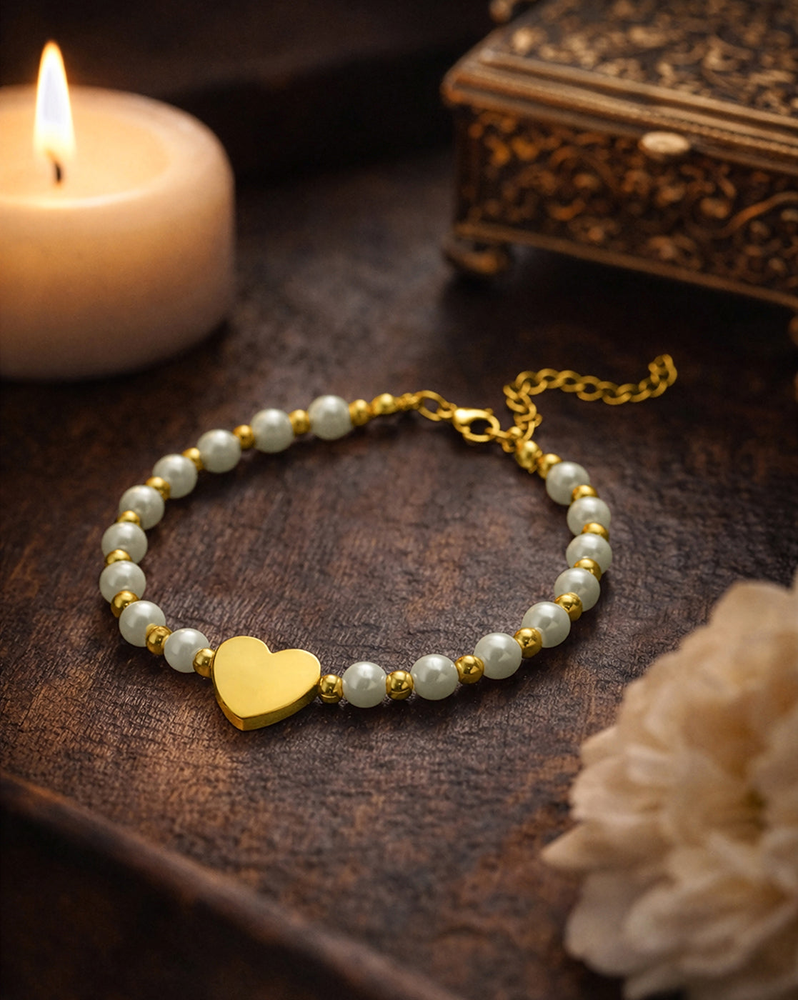 18kt Gold Plated Pearl and Heart Wraparound Bracelet