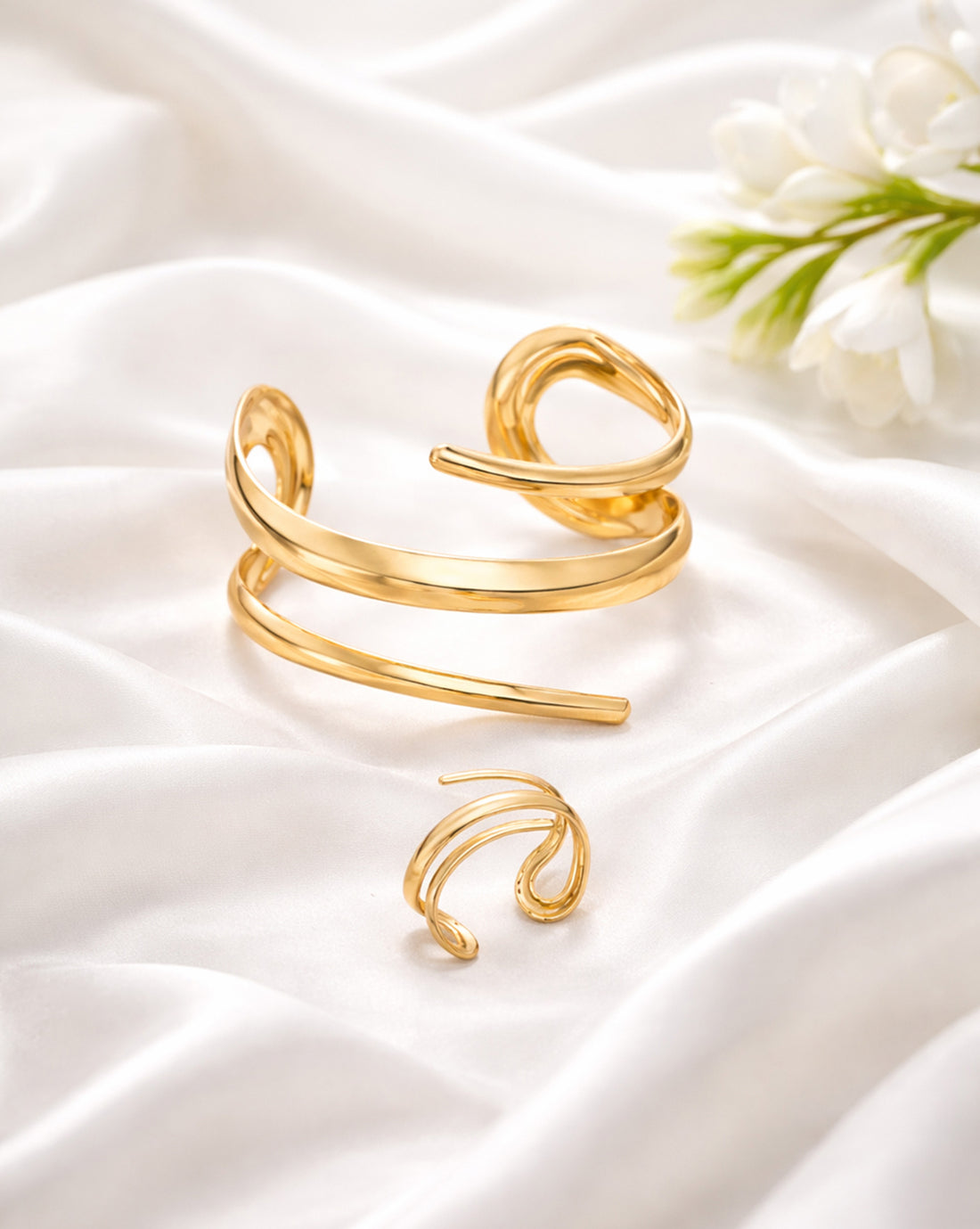 Gold-Plated Sculpted Open Cuff Bracelet and Ring Set