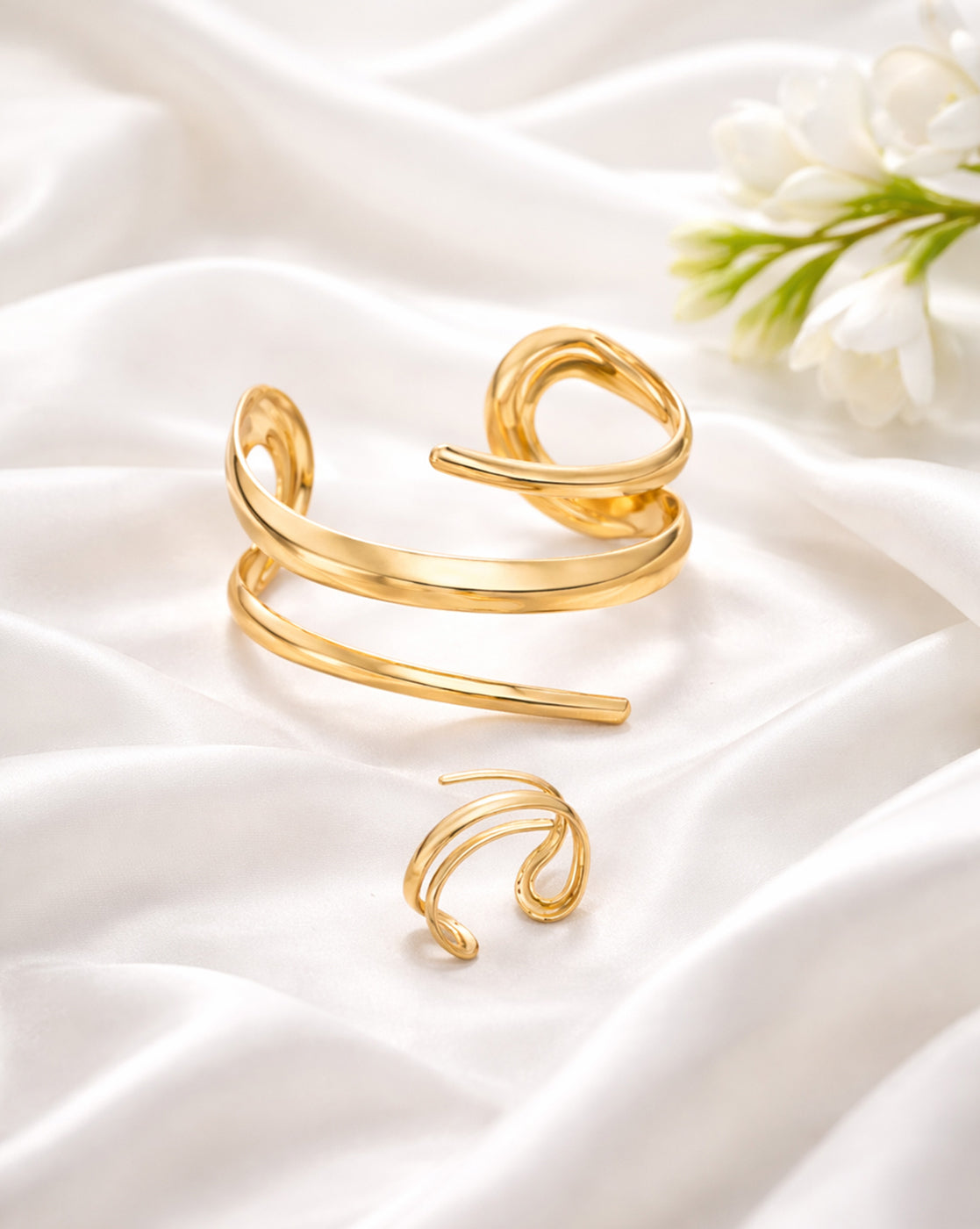 Gold-Plated Sculpted Open Cuff Bracelet and Ring Set