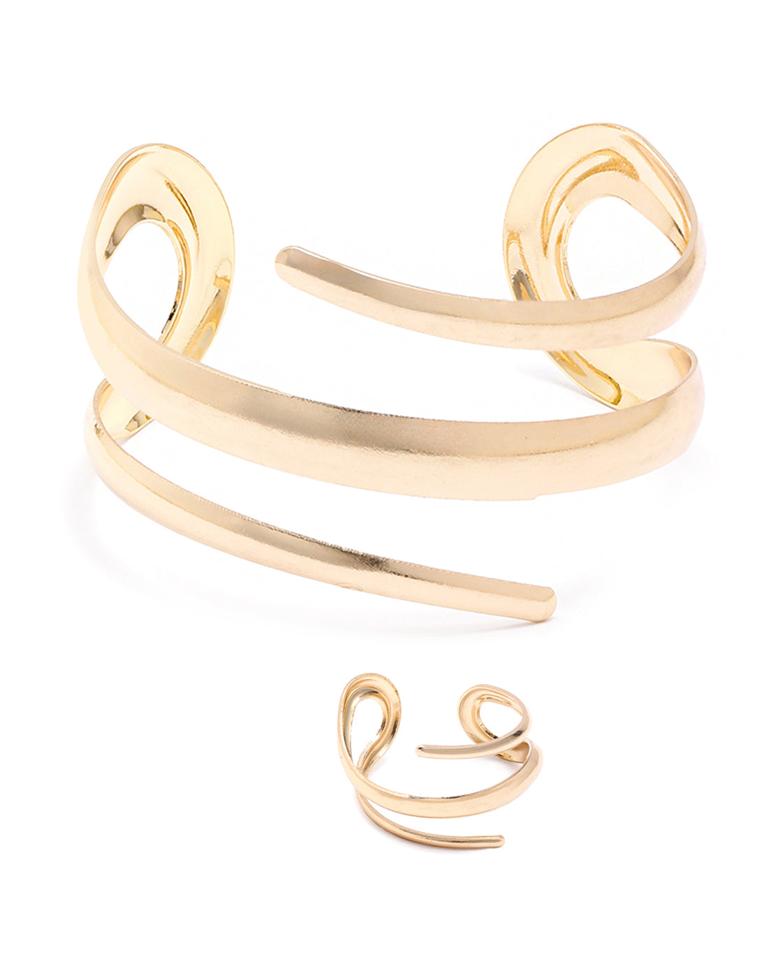 Gold-Plated Sculpted Open Cuff Bracelet and Ring Set