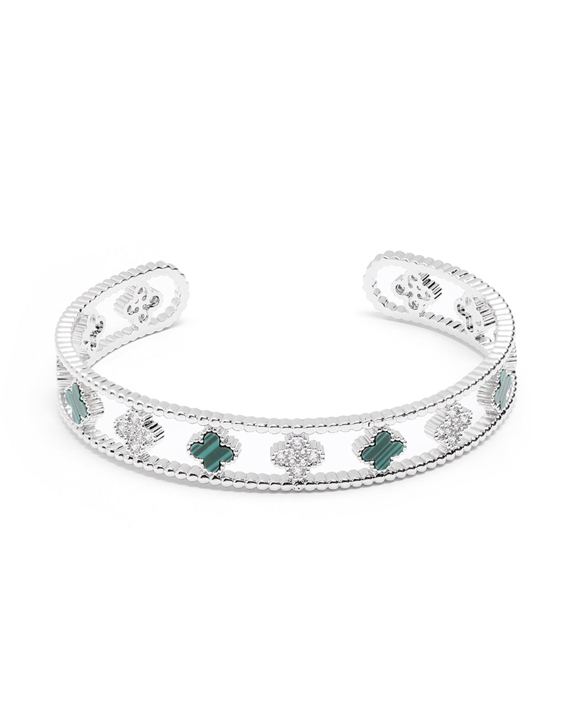 Premium Silver-Plated CZ Clover Cuff Bracelet