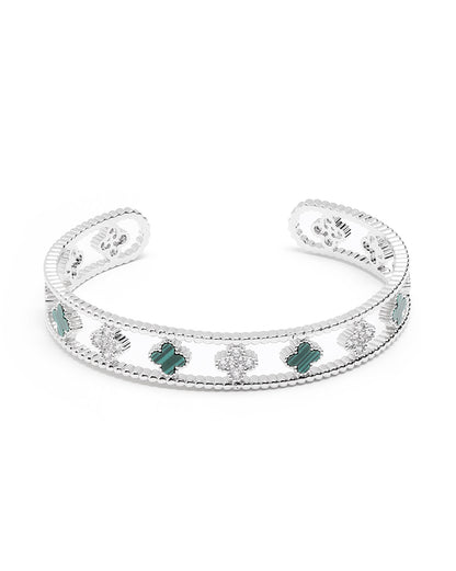 Premium Silver-Plated CZ Clover Cuff Bracelet