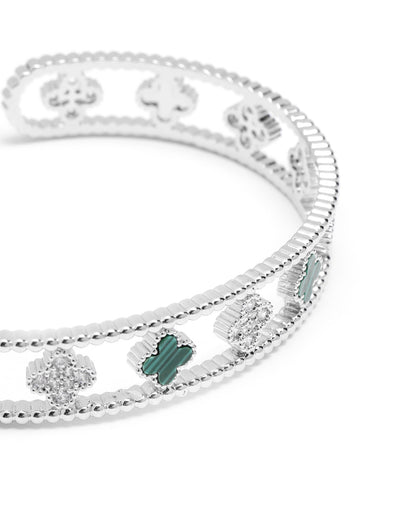 Premium Silver-Plated CZ Clover Cuff Bracelet