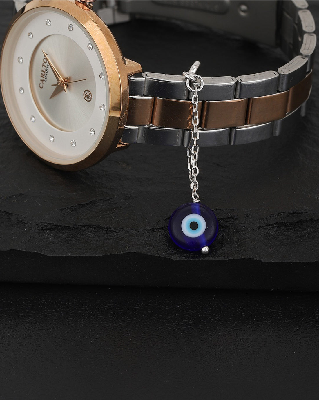 Carlton London Rhodium-Plated Silver-Toned Evil Eye Bead Non-Studded Watch Charm For Women