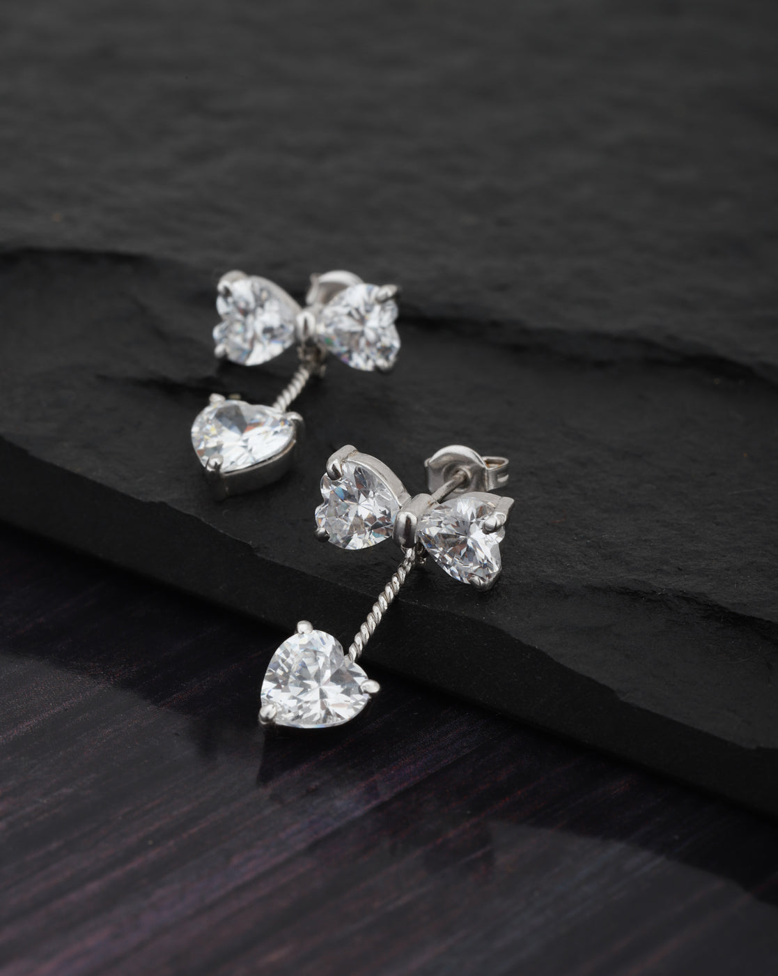 Carlton London Rhodium Plated Heart Drop Earring With Dangling Cz Stone