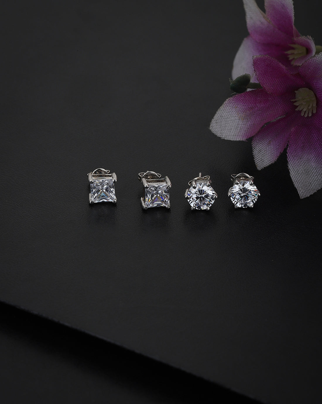 Carlton London Set Of 2 Rhodium Plated Cz Geometric Stud Earring For Women
