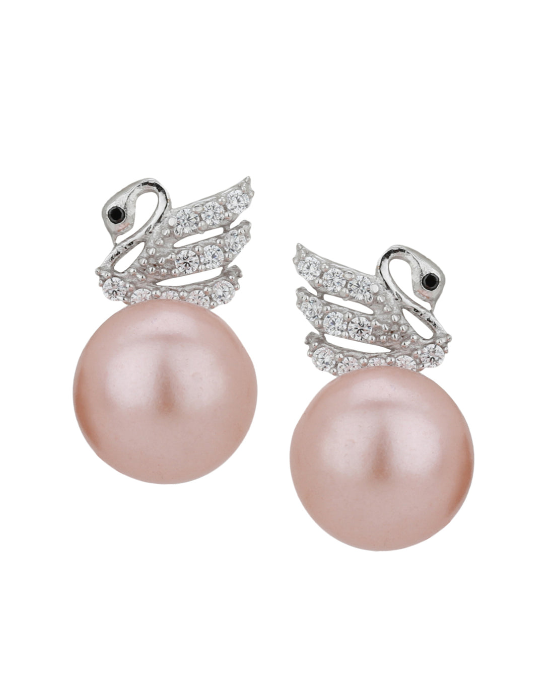 Carlton London Rhodium Plated Peach Coloured Pearl Cz Swan Stud Earring