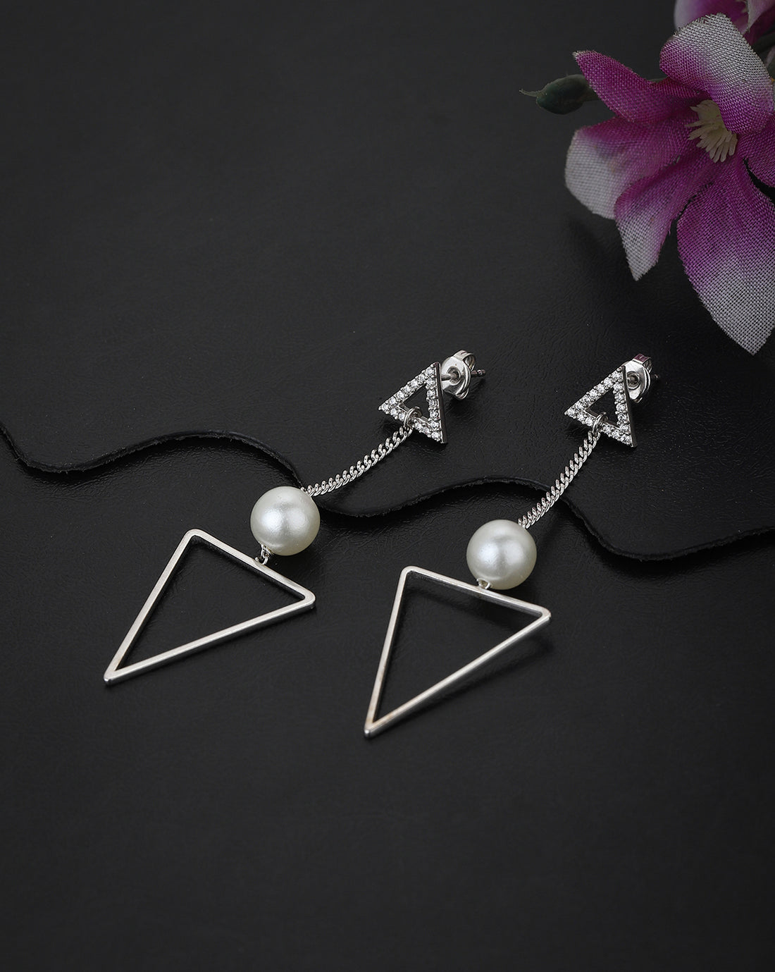 Carlton London Rhodium Plated White Pearl Triangular Drop Earring For Women