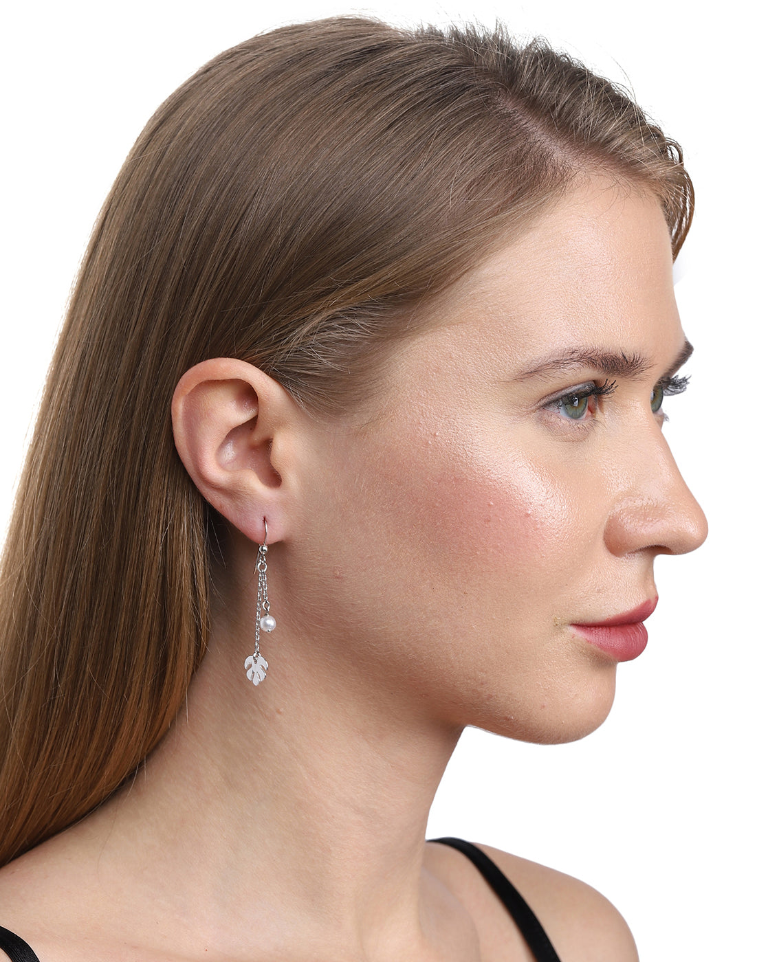Louison Pearl stud earrings, Leaf, White, Rhodium plated