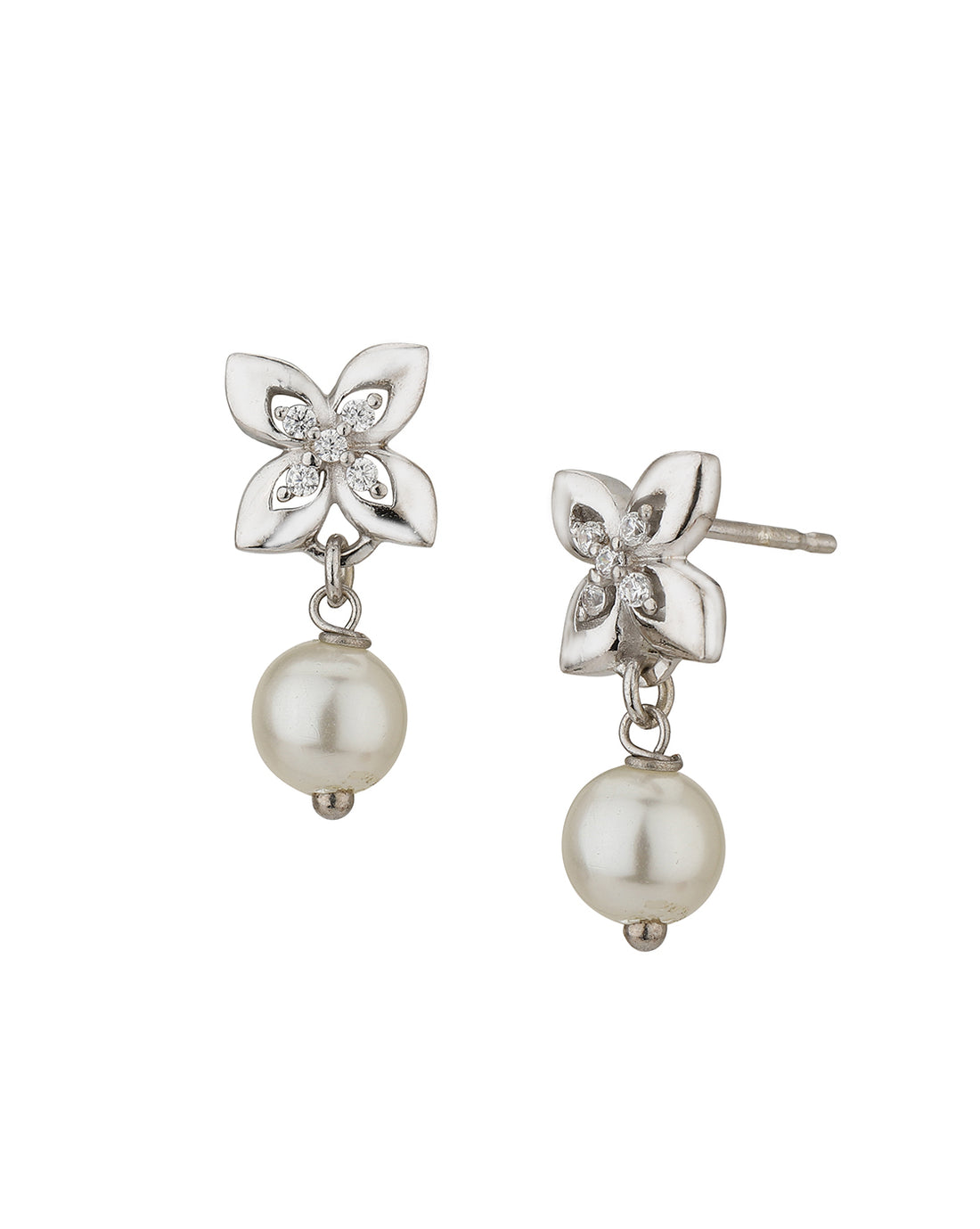 Carlton London Rhodium Plated Cz Floral Drop Earring With Dangling Pearl For Women