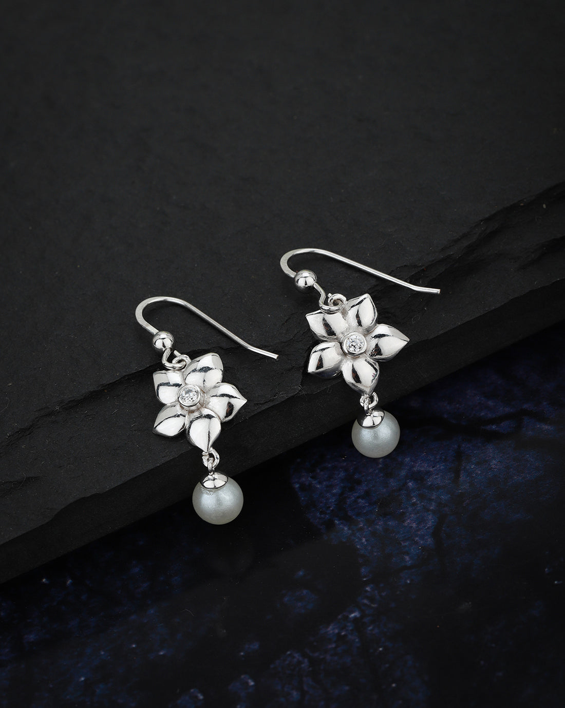 Carlton London Rhodium Plated Cz Floral Drop Earring With Dangling Pearl For Women