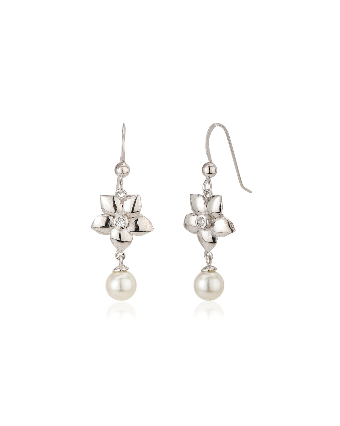 Carlton London Rhodium Plated Cz Floral Drop Earring With Dangling Pearl For Women