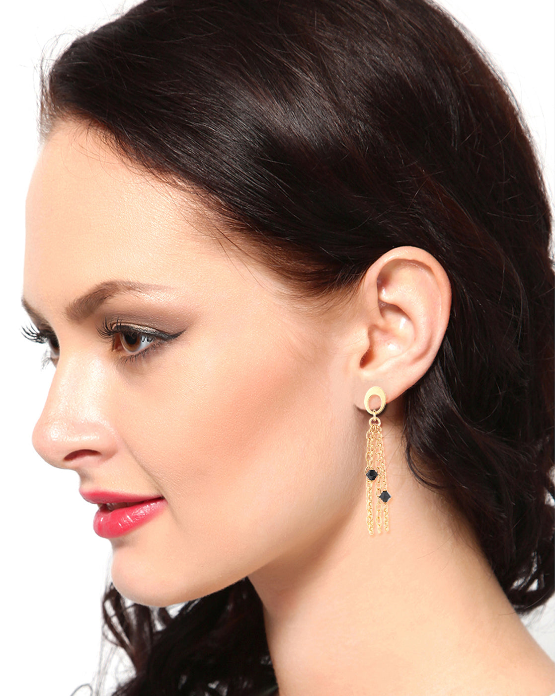 Carlton London Gold Plated Tasselled With Black Beaded Contemporary Drop Earring