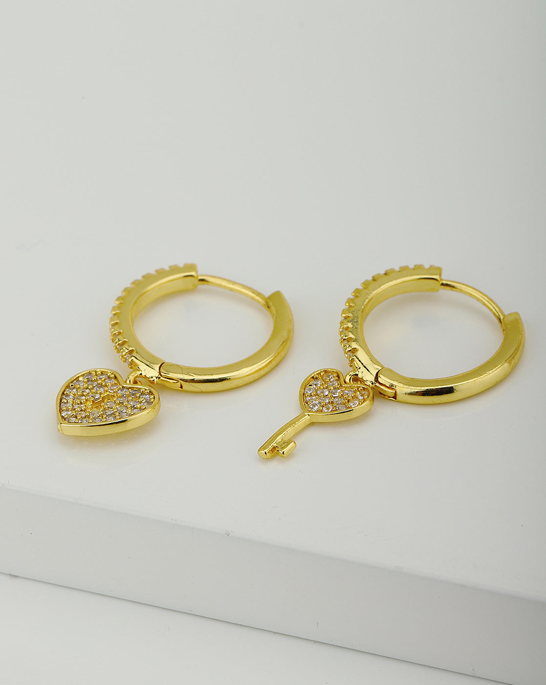 Carlton London Gold Plated Cz Hoop Earring With Dangling Key With Heart For Women