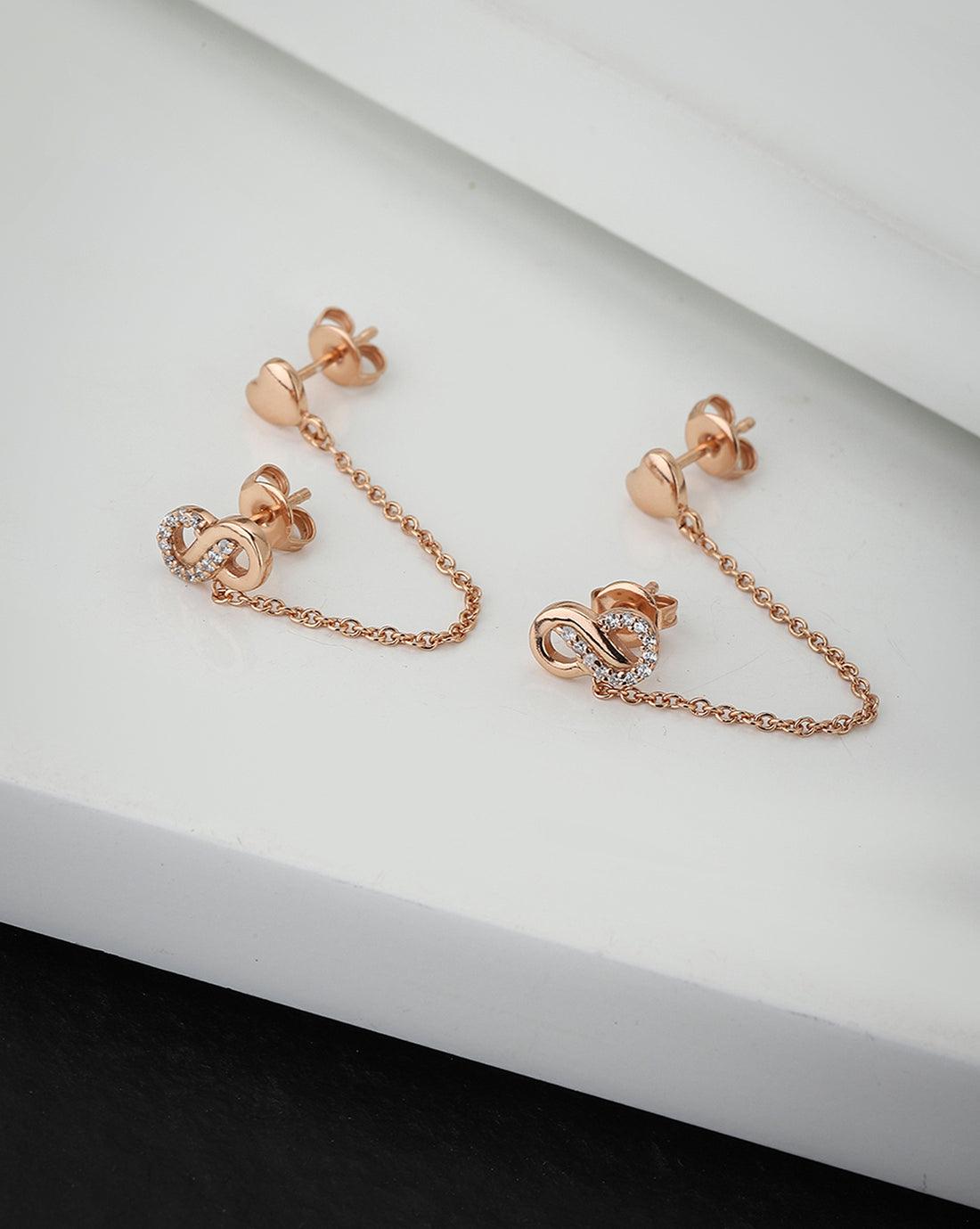 Carlton London Rose Gold Plated Cz Heart With Infinity Stud Chain Earring For Women