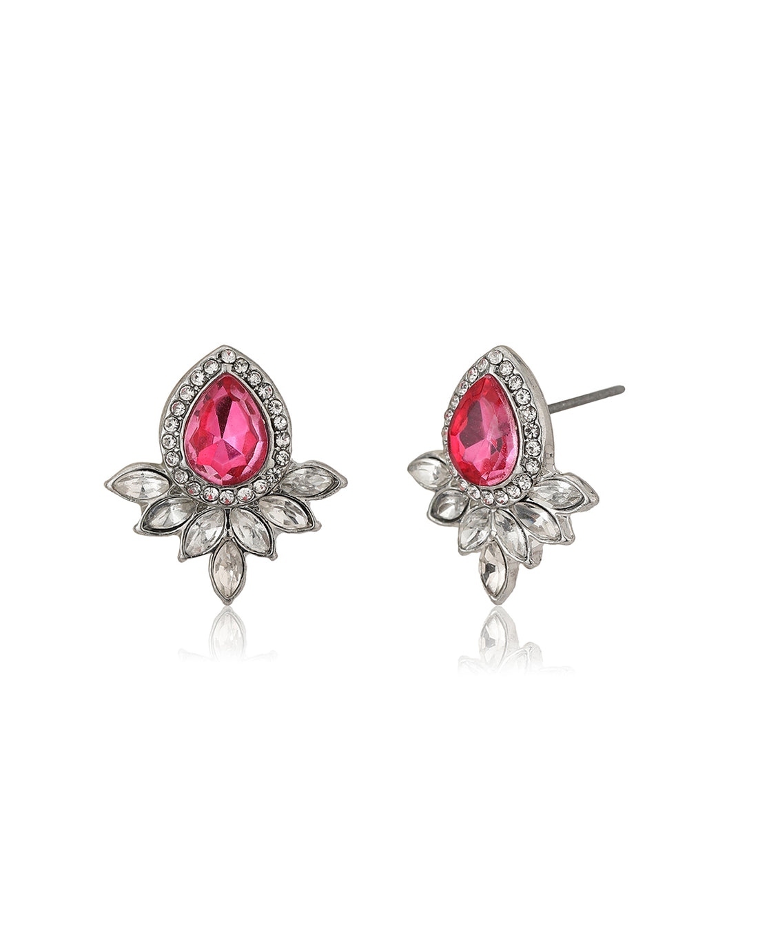Carlton London Rhodium Plated Silver Toned Pink Cz Studded Teardrop Shape Stud Earrings For Women