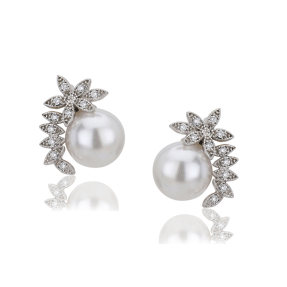 Carlton London Silver Toned With Pearl &amp; Cz Studded Studs Earring