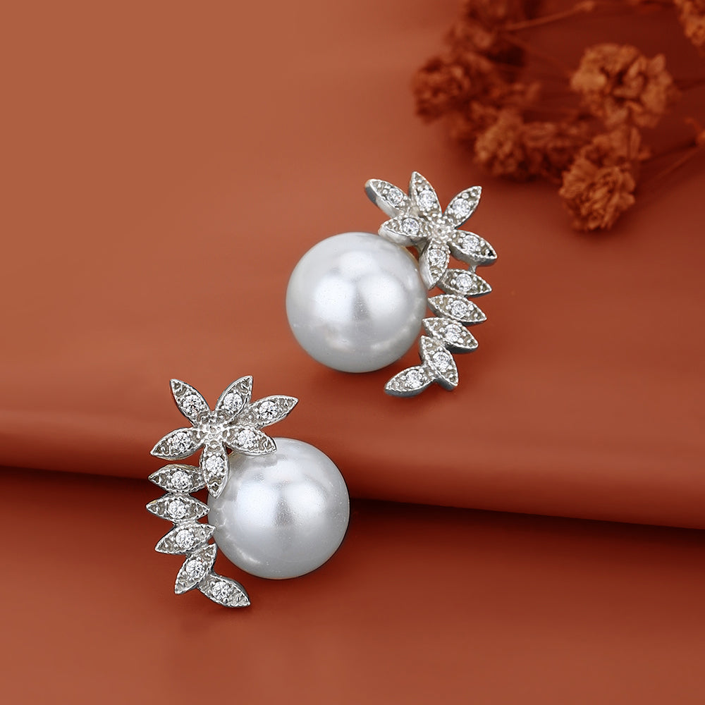 Carlton London Silver Toned With Pearl &amp; Cz Studded Studs Earring