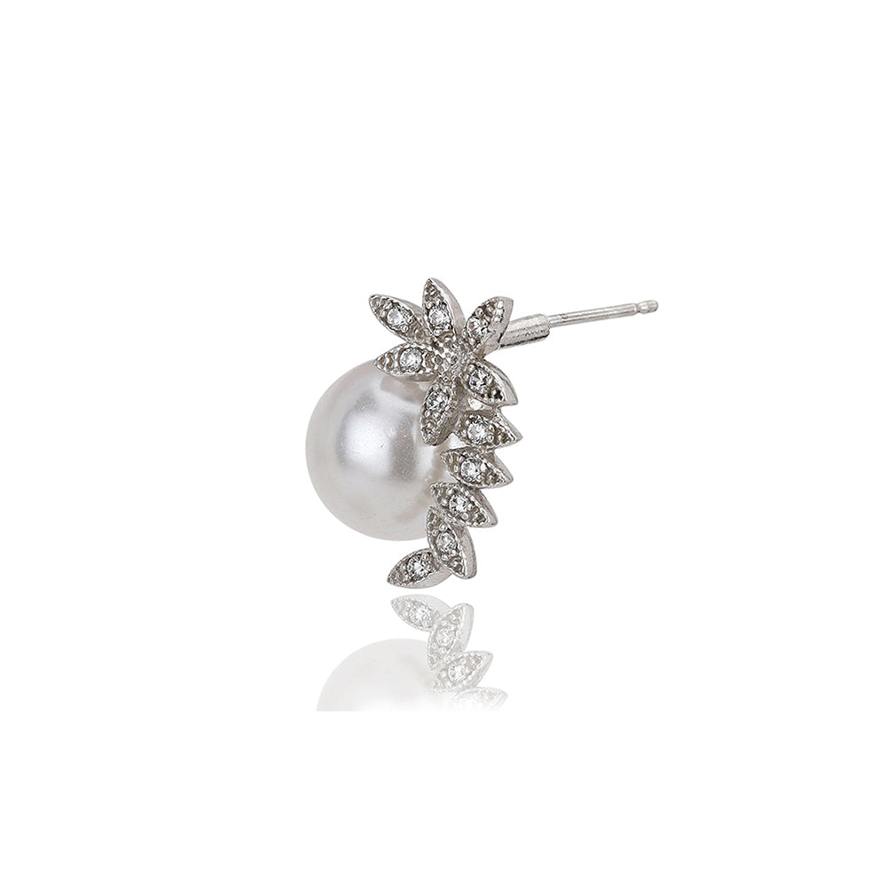 Carlton London Silver Toned With Pearl &amp; Cz Studded Studs Earring