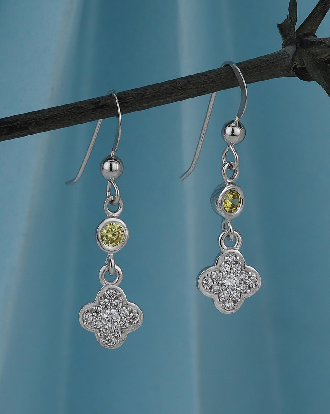 Carlton London Rhodium Plated Drop Earrings With Four Clover &amp; Cz