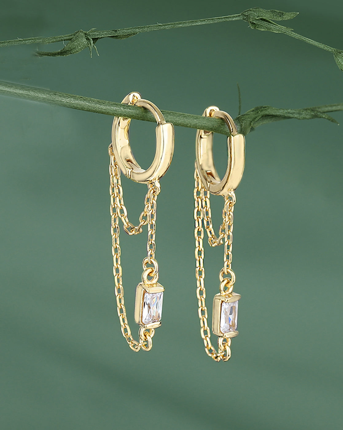 Carlton London 18Kt Gold Plated Hoop Earrings With Dangling Double Chain &amp; Cz