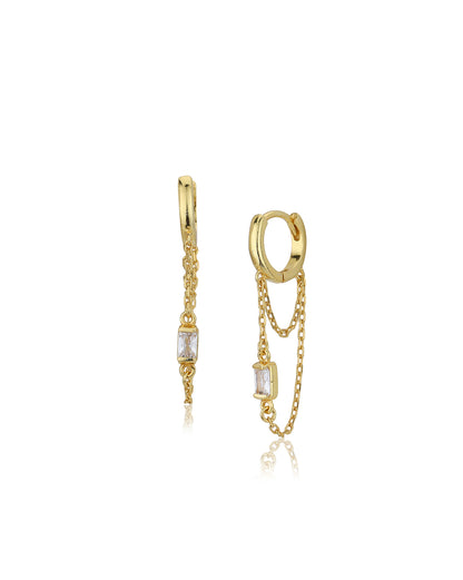 Carlton London 18Kt Gold Plated Hoop Earrings With Dangling Double Chain &amp; Cz