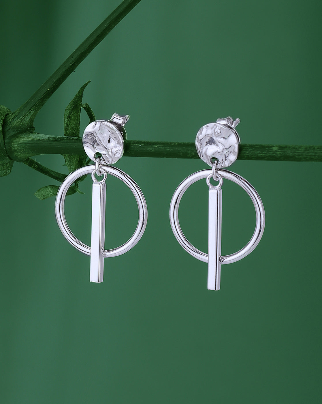 Carlton London Rhodium Plated Textured Drop Earrings With Dangling Bar