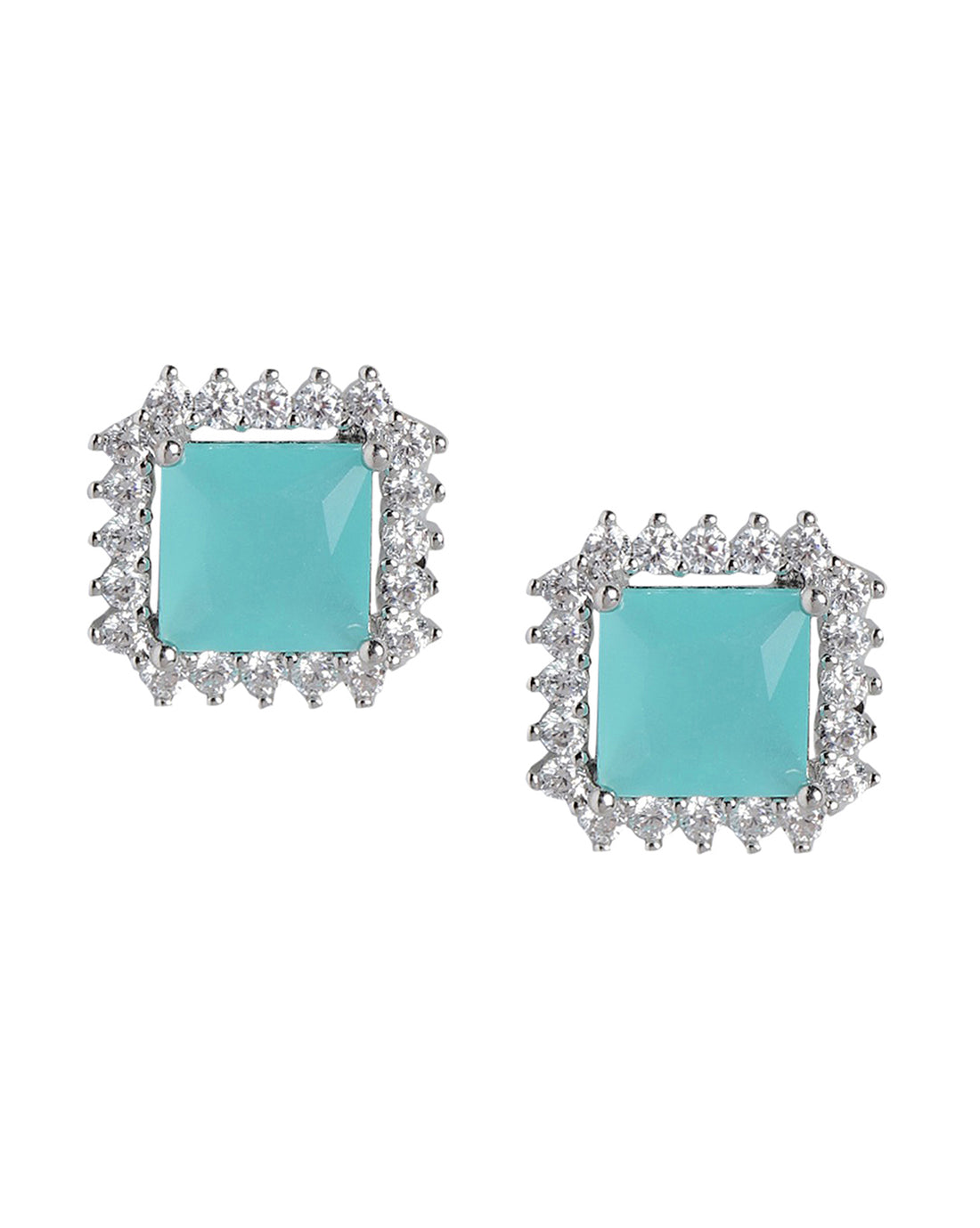 Rhodium Plated With Turquoise Stone Stud Earring For Women