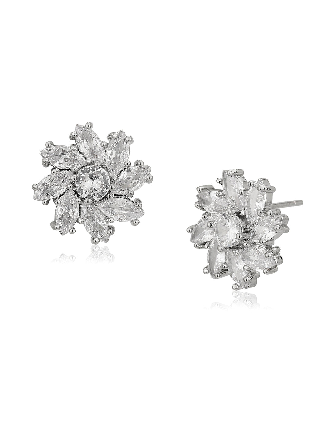 Premium Rhodium Plated With Cz Floral Stud Earring