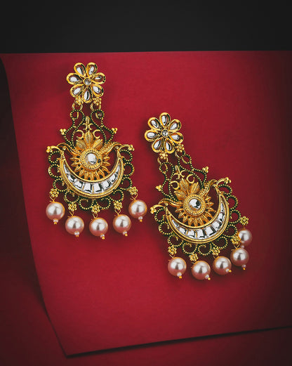 Gold Plated Dangling Pearl Chandelier Jhumka Earring For Women