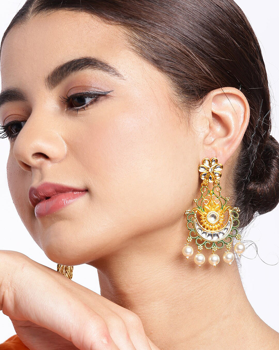 Gold Plated Dangling Pearl Chandelier Jhumka Earring For Women