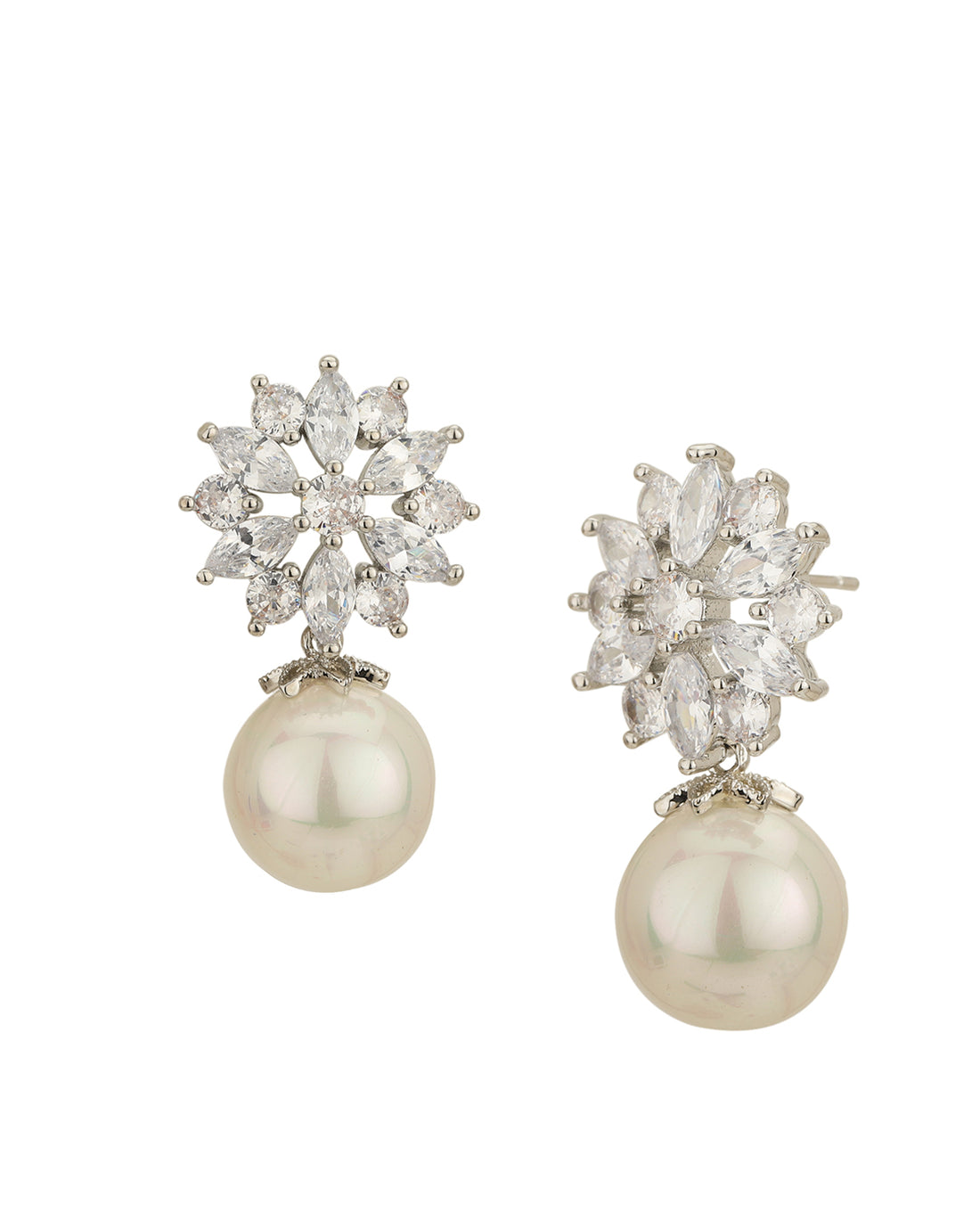 Rhodium Plated &amp; Cz Dangling Pearl Drop Earring For Women