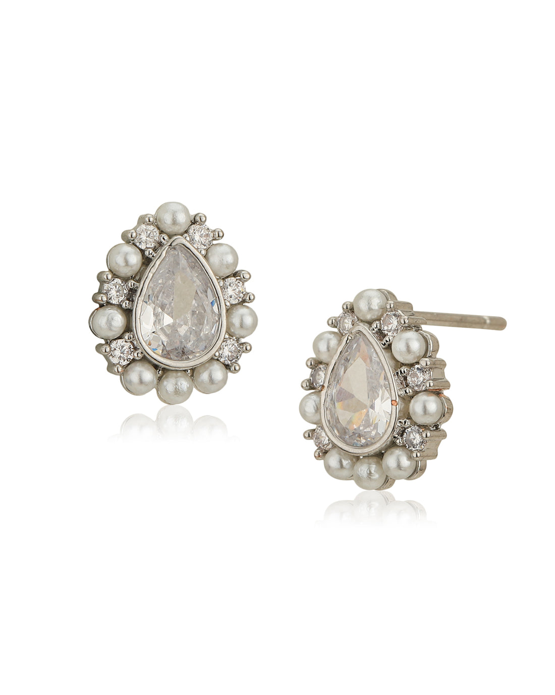 Silver Plated CZ &amp; Pearl Tear Drop Stud Earring for women