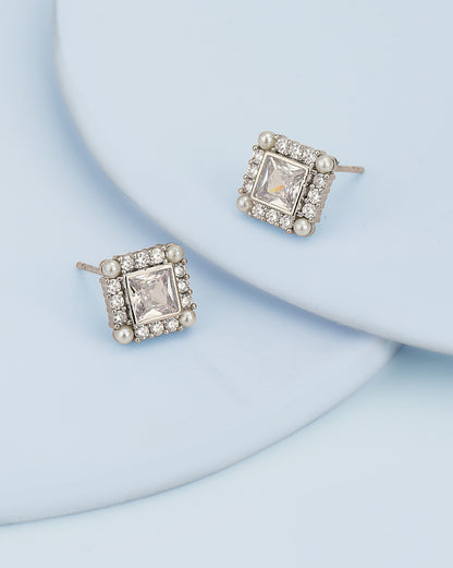 Silver Plated CZ &amp; Pearl Square Stud Earring for women