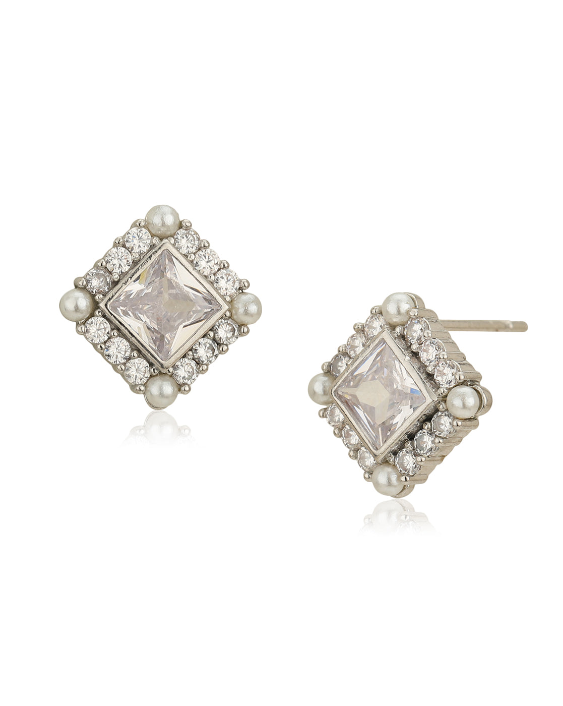 Silver Plated CZ &amp; Pearl Square Stud Earring for women
