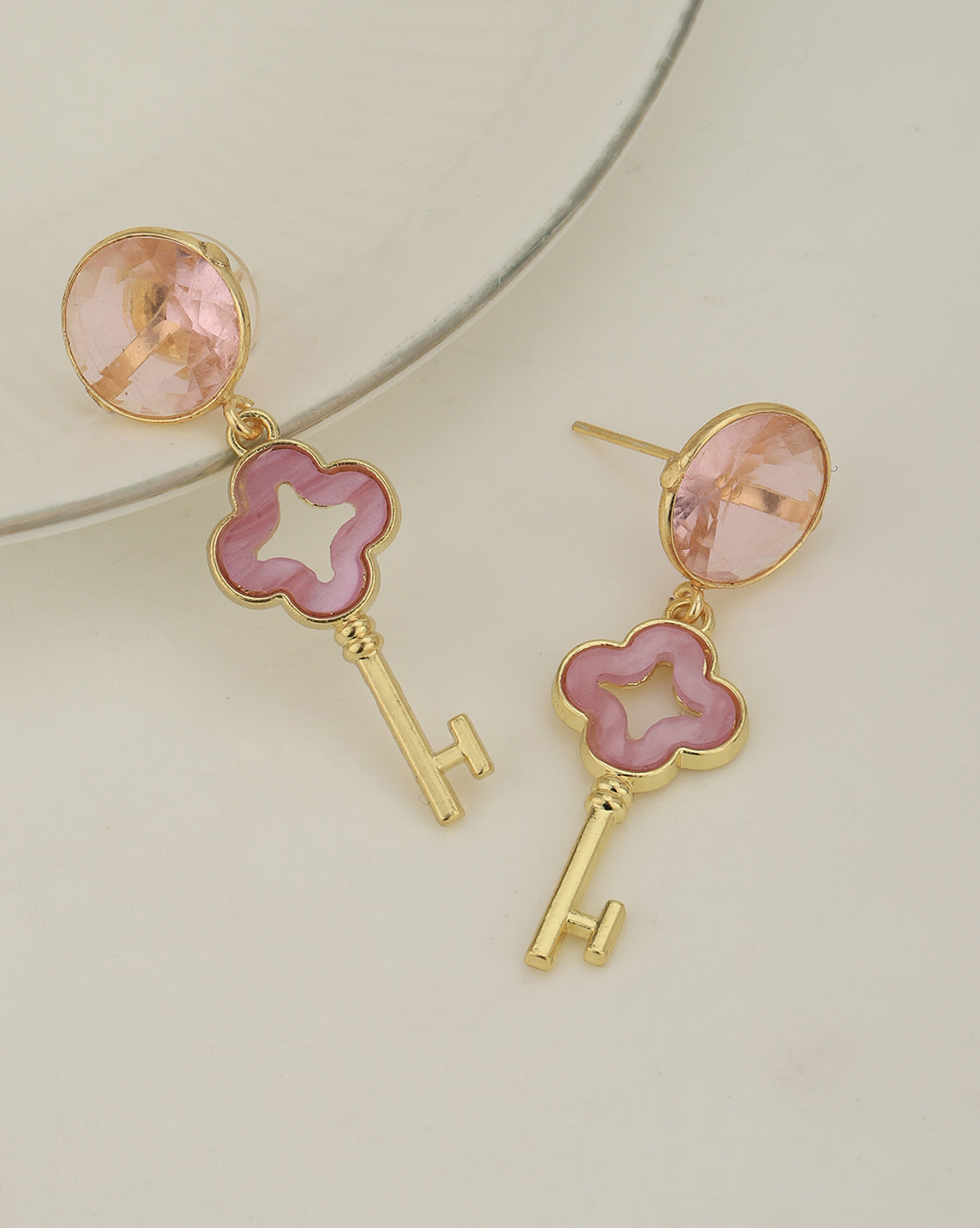 Gold Plated &amp; Quartz Stone Key Drop Earring for women